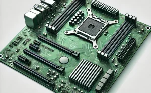 DALL·E 2025-02-13 12.46.47 - A detailed illustration of a green rectangular motherboard, showcasing various components like CPU socket, RAM slots, PCIe slots, and power connectors