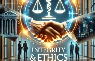 DALL·E 2025-02-13 12.52.58 - A symbolic representation of integrity and ethics in business. The image features a glowing handshake of light, a balanced scale of justice, and a cor